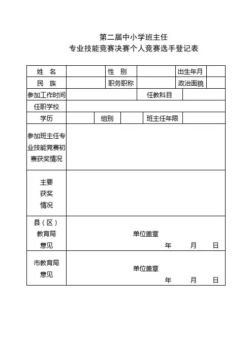 第二届中小学班主任专业技能竞赛决赛个人竞赛选手登记表