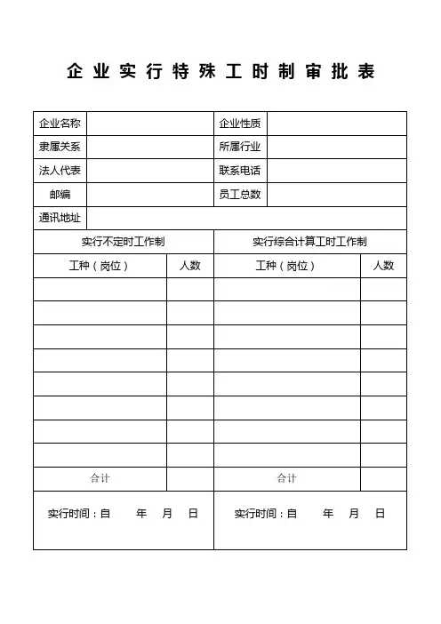 企业实行特殊工时工作制审批表