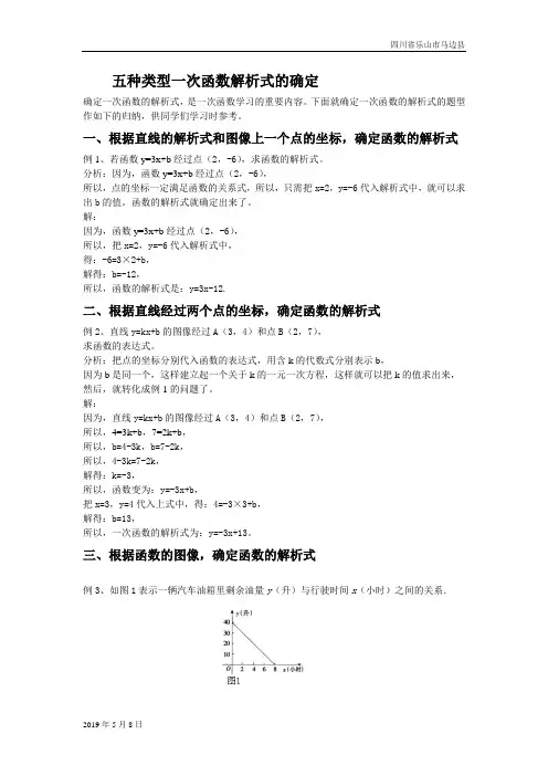 人教版八年级数学下册五种类型一次函数解析式的确定