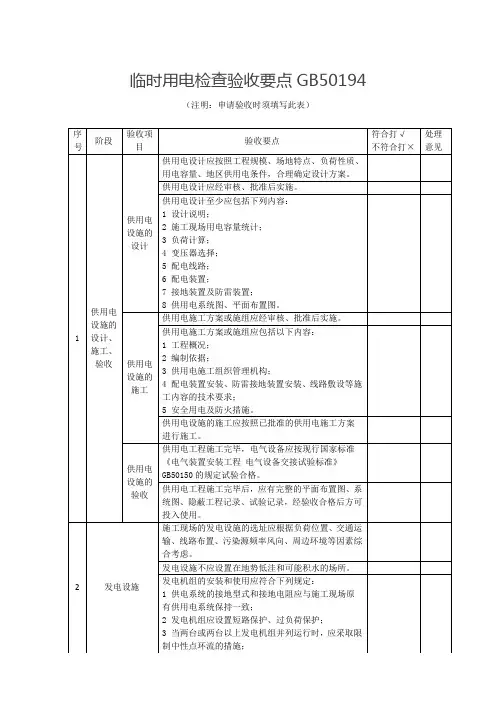 临时用电验收要点：国标GB50194-2014