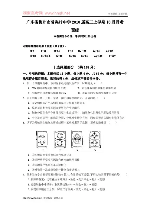 广东省梅州市曾宪梓中学2010届高三上学期10月月考