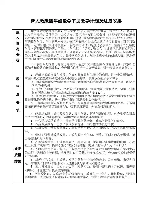 新人教版四年级数学下册教学计划及教学进度安排