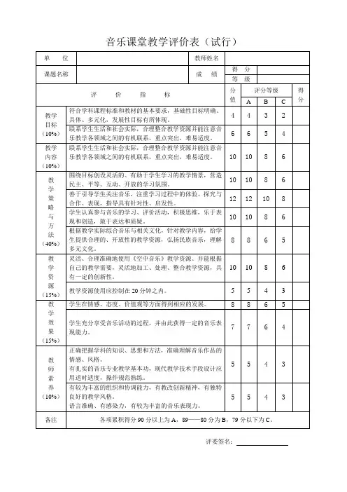 音乐课堂评价表