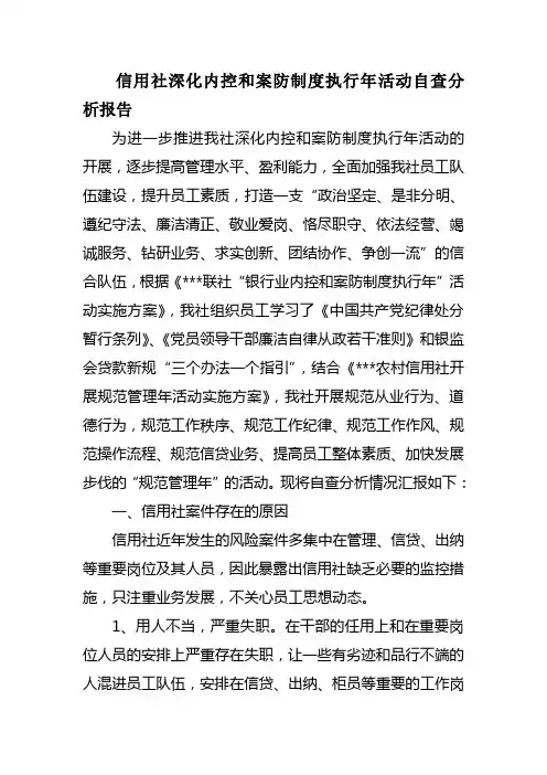 信用社深化内控和案防制度执行年活动自查分析报告