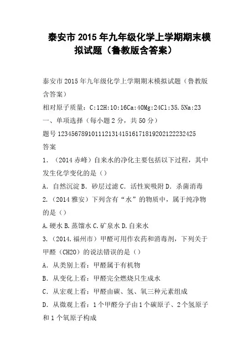 泰安市九年级化学上学期期末模拟试题鲁教版含答案