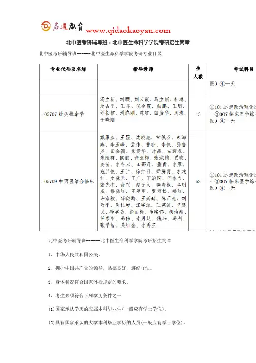 北中医考研辅导班：北中医生命科学学院考研招生简章