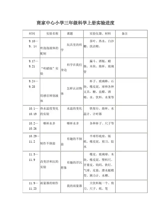 三年级上册科学实验进度