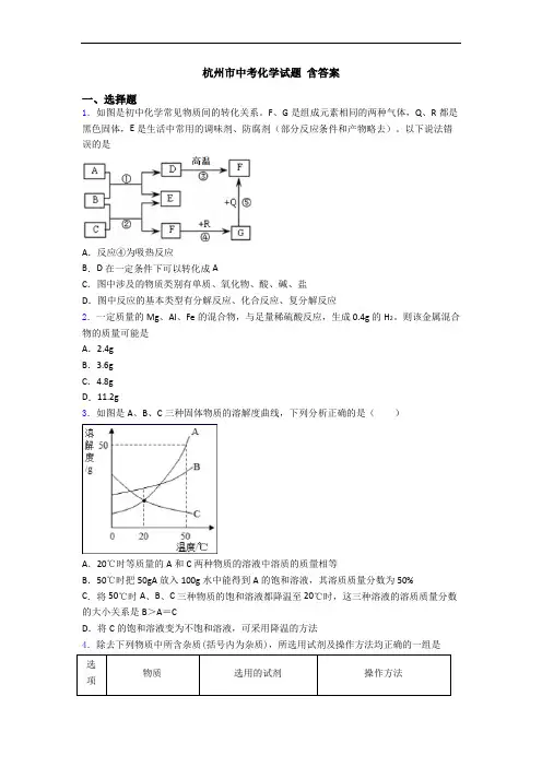 杭州市中考化学试题 含答案