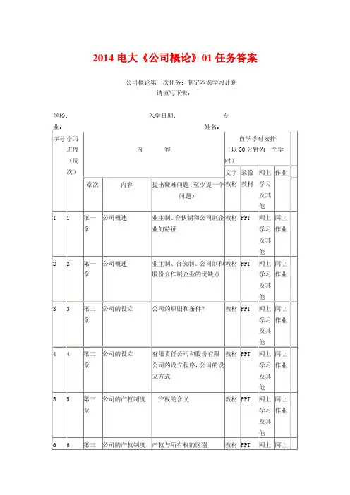 2014电大《公司概论》01任务答案