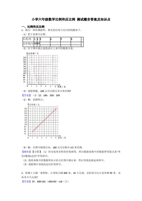 小学六年级数学比例和反比例 测试题含答案及知识点