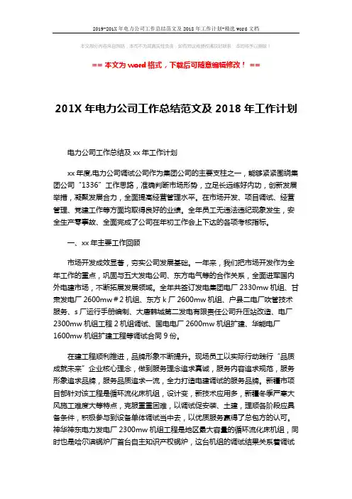 2019-201X年电力公司工作总结范文及2018年工作计划-精选word文档 (6页)