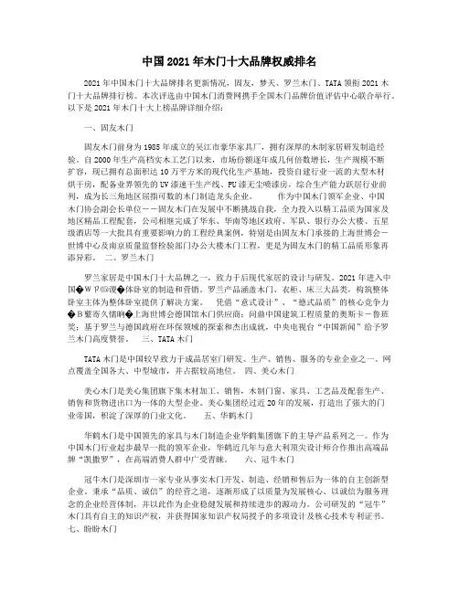 中国2021年木门十大品牌权威排名
