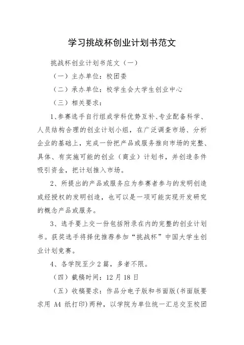 学习挑战杯创业计划书范文