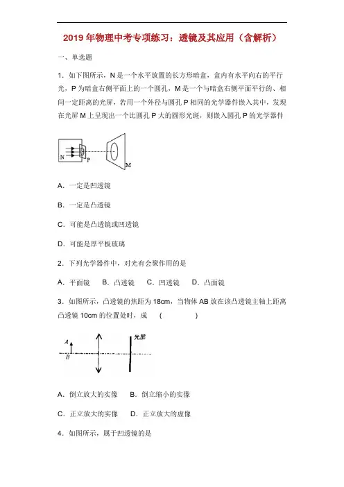 中考物理专项练习选择题透镜及其应用含解析.docx