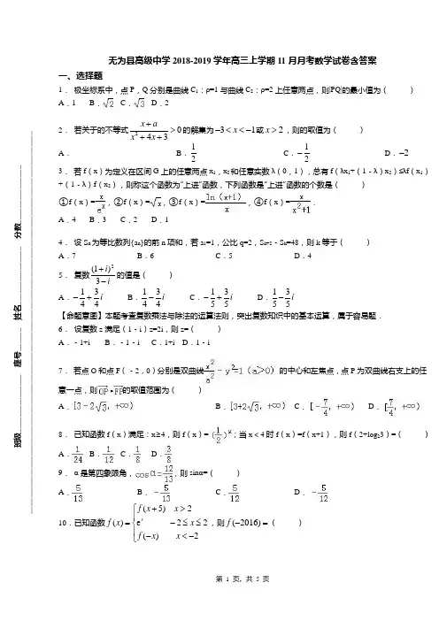 无为县高级中学2018-2019学年高三上学期11月月考数学试卷含答案