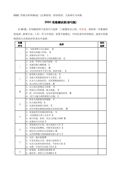 面试常用DISC性格测试表(语句版)