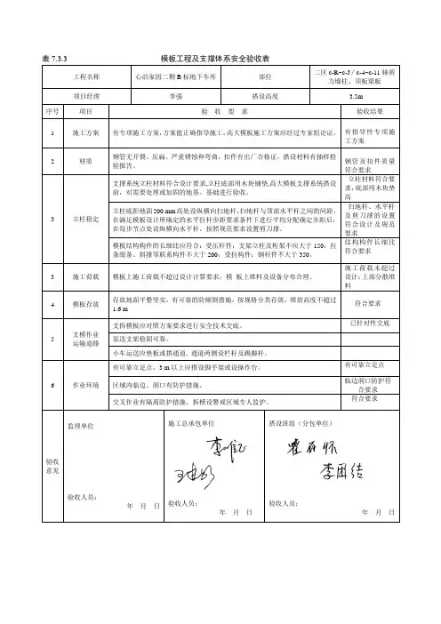模板工程及支撑体系安全验收表