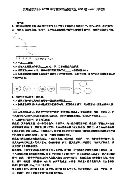贵州省贵阳市2020中考化学填空题大全200题word含答案