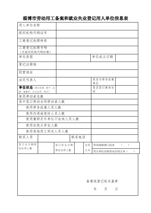 淄博市劳动用工备案和就业失业登记用人单位信息表