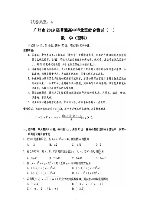 (理数)广州市2019届普通高中毕业班综合测试(一)