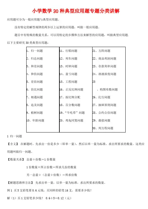 小学一至六年级数学30种典型应用题专题分类讲解(附带例题和解题过程)