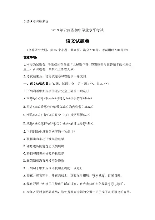 2019年云南省中考语文试卷(含答案)