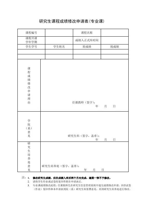 研究生课程成绩修改申请表(专业课)