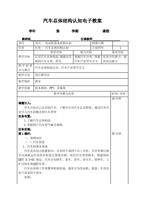 汽车总体结构认知  教案