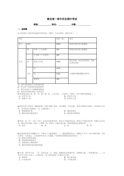 湖北高一高中历史期中考试带答案解析
