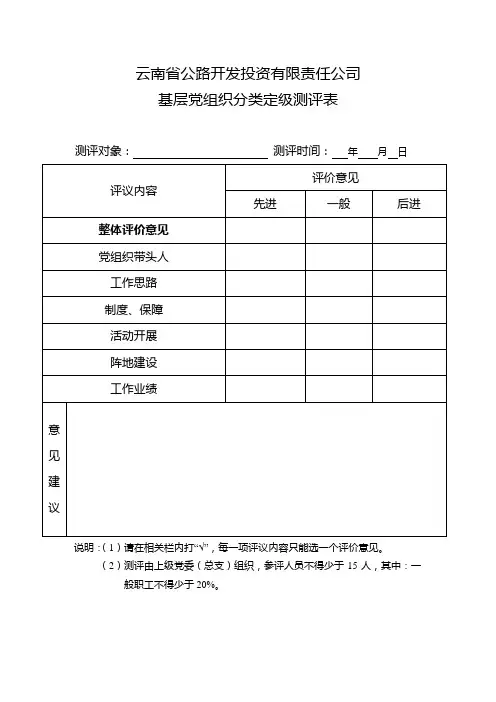 基层党组织分类定级测评表