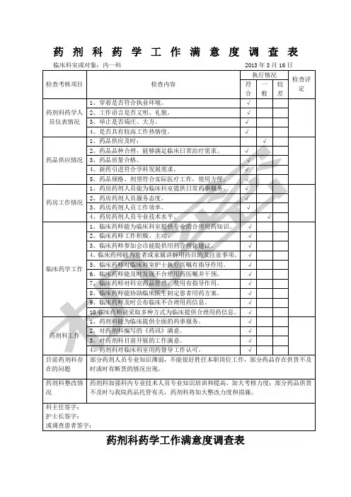 药剂科工作满意度调查表