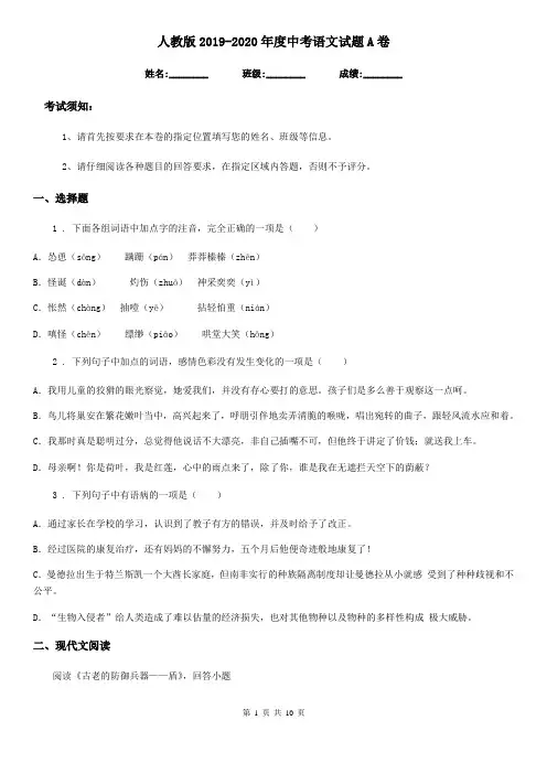 人教版2019-2020年度中考语文试题A卷(测试)