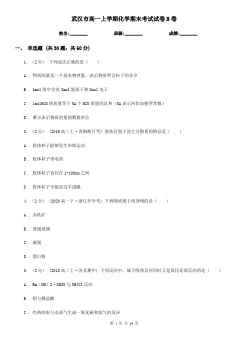 武汉市高一上学期化学期末考试试卷B卷