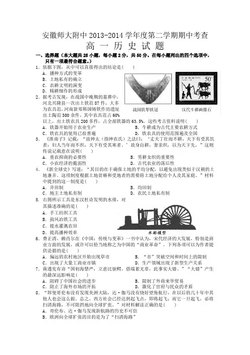 安徽省师大附中2013-2014学年高一下学期期中考试 历史试题 Word版含答案
