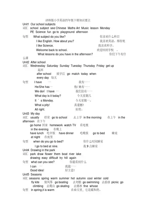 译林英语四年级下知识点和语法汇总