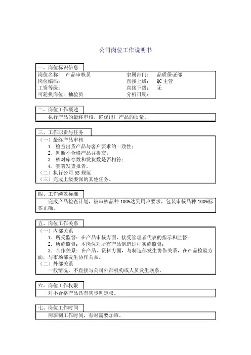 产品审核员岗位说明书