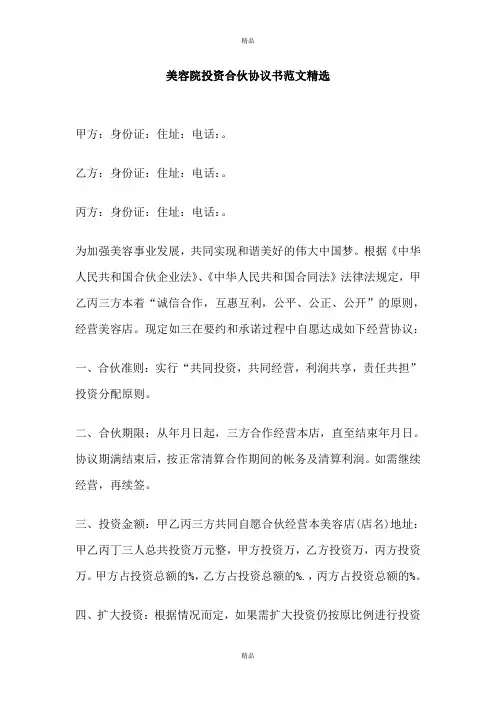 美容院投资合伙协议书范文精选