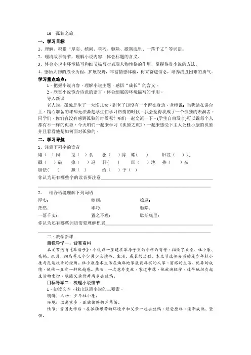 人教版九年级语文上册-孤独之旅教案