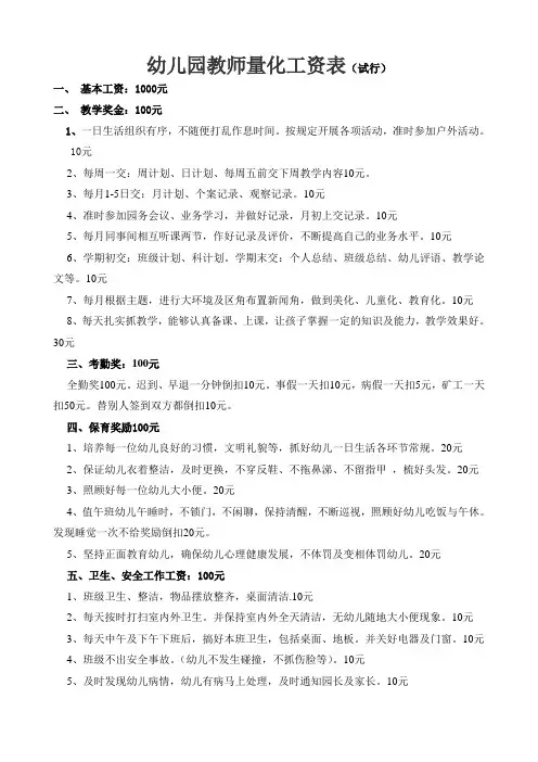 幼儿园教师量化工资表 (1)