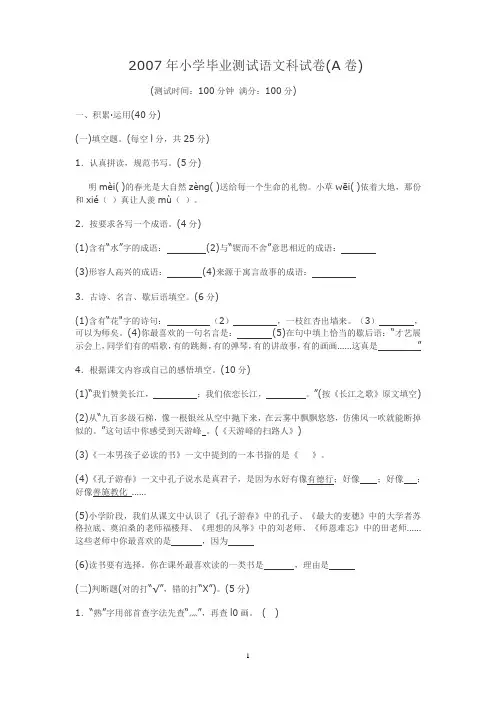 2007年小学毕业测试语文科试卷讲解