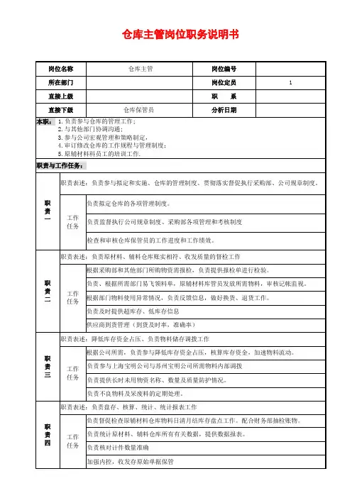 仓库主管职务说明书