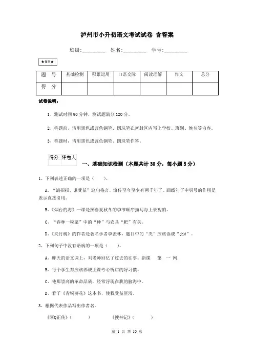 泸州市小升初语文考试试卷 含答案