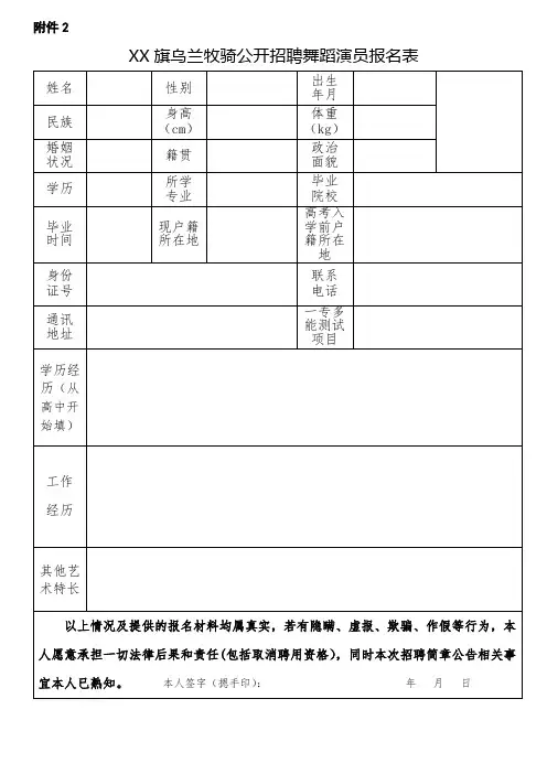 XX旗乌兰牧骑公开招聘舞蹈演员报名表【模板】
