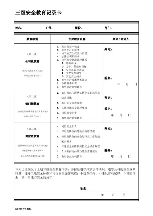 电梯安装三级安全教育记录卡