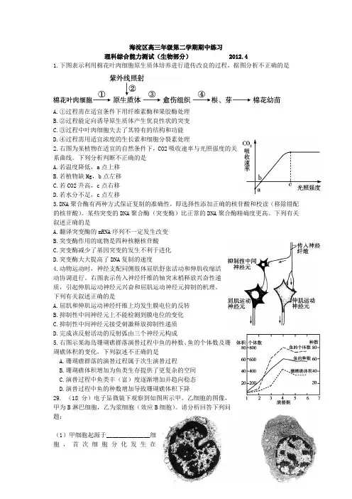 北京市海淀区高三一模理综试题及答案物理化学生物汇总