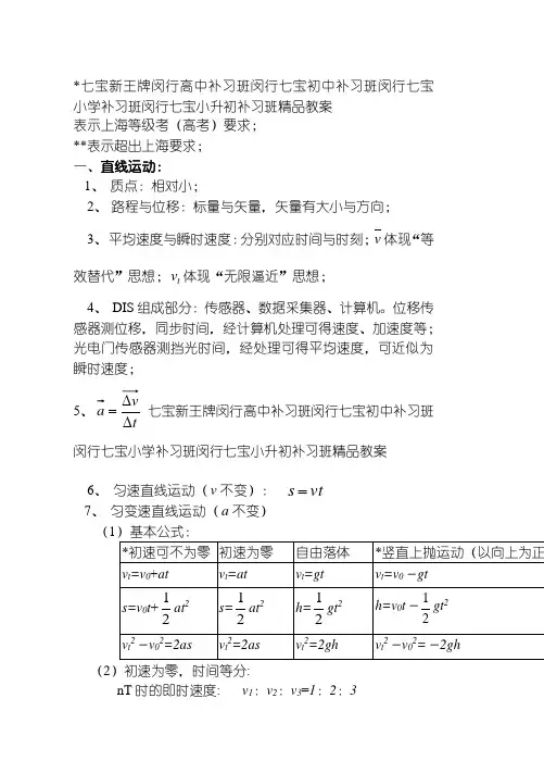 上海高中物理公式大全等级考闵行七宝补习班