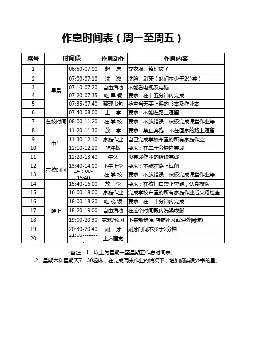 小学生作息时间表