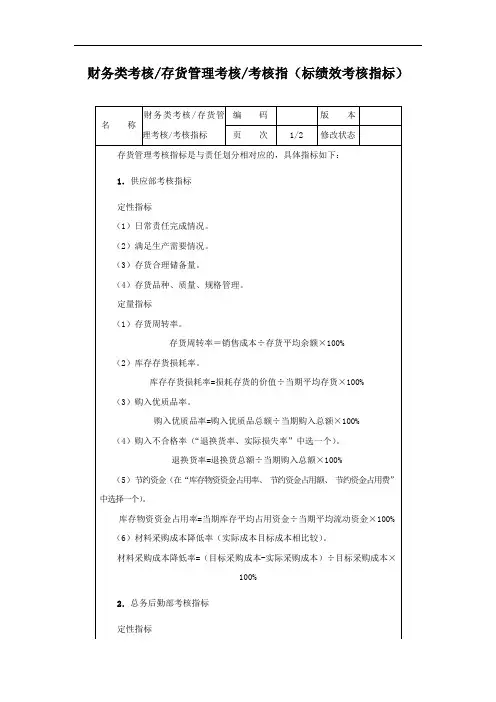 财务类考核存货管理考核指标(标绩效考核指标)