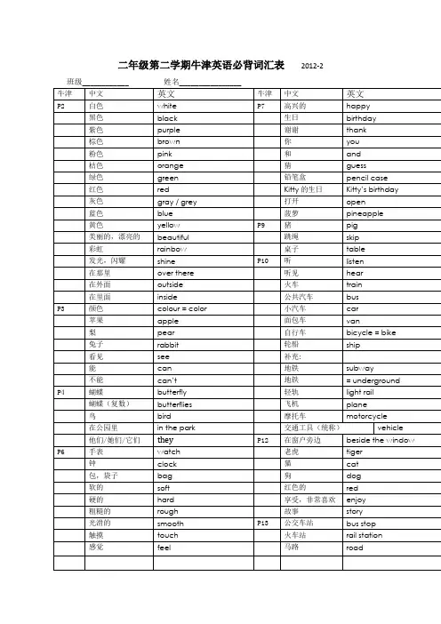 上海新教材牛津英语2B单词表教案