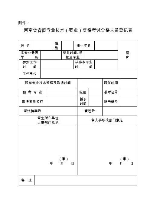 河南省省直专业技术(职业)资格考试合格人员登记表